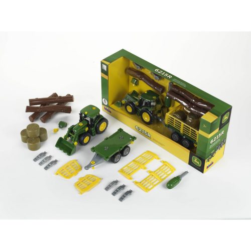 Klein John Deere traktor utánfutóval fával és szénabálával (3906)