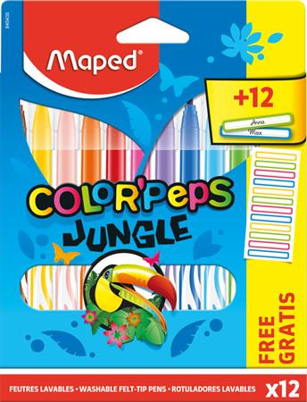 Filctoll készlet, 2,8 mm, kimosható, MAPED "Color'Peps Jungle" 12 különböző szín+12 ajándék matrica