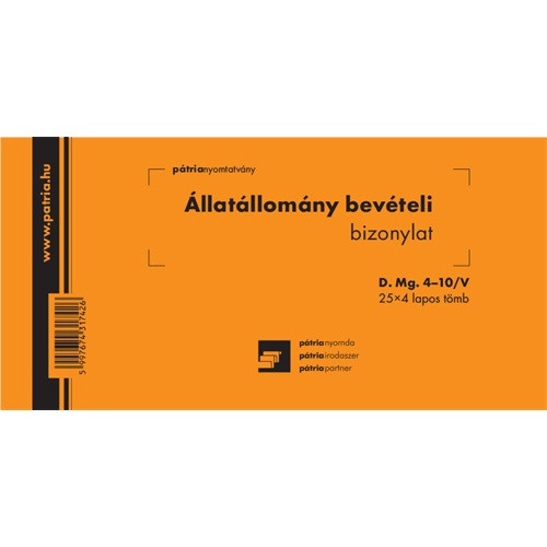 Állatállomány bevételi bizonylat 25x4 lapos tömb 203x102 mm