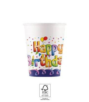 Happy Birthday Multicolor papír pohár 8 db-os 200 ml FSC