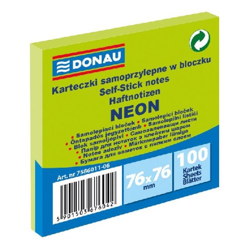 Öntapadó jegyzettömb DONAU 76x76 mm 100 lap neon zöld