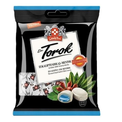 Töltött keménycukorka DR. TOROK eukaliptusszal és mentollal 75g